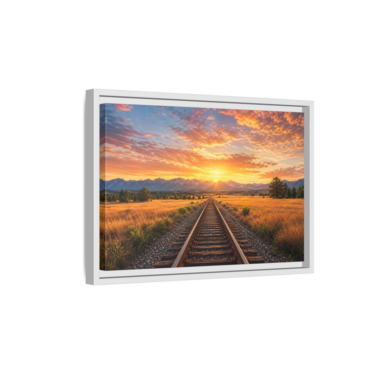 Side Mockup 4. Nature Railroad Tracks Sunset Railroad shown as stretched canvas wall art