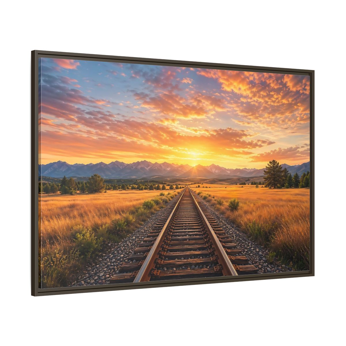 Side Mockup 8. Nature Railroad Tracks Sunset Railroad shown as stretched canvas wall art