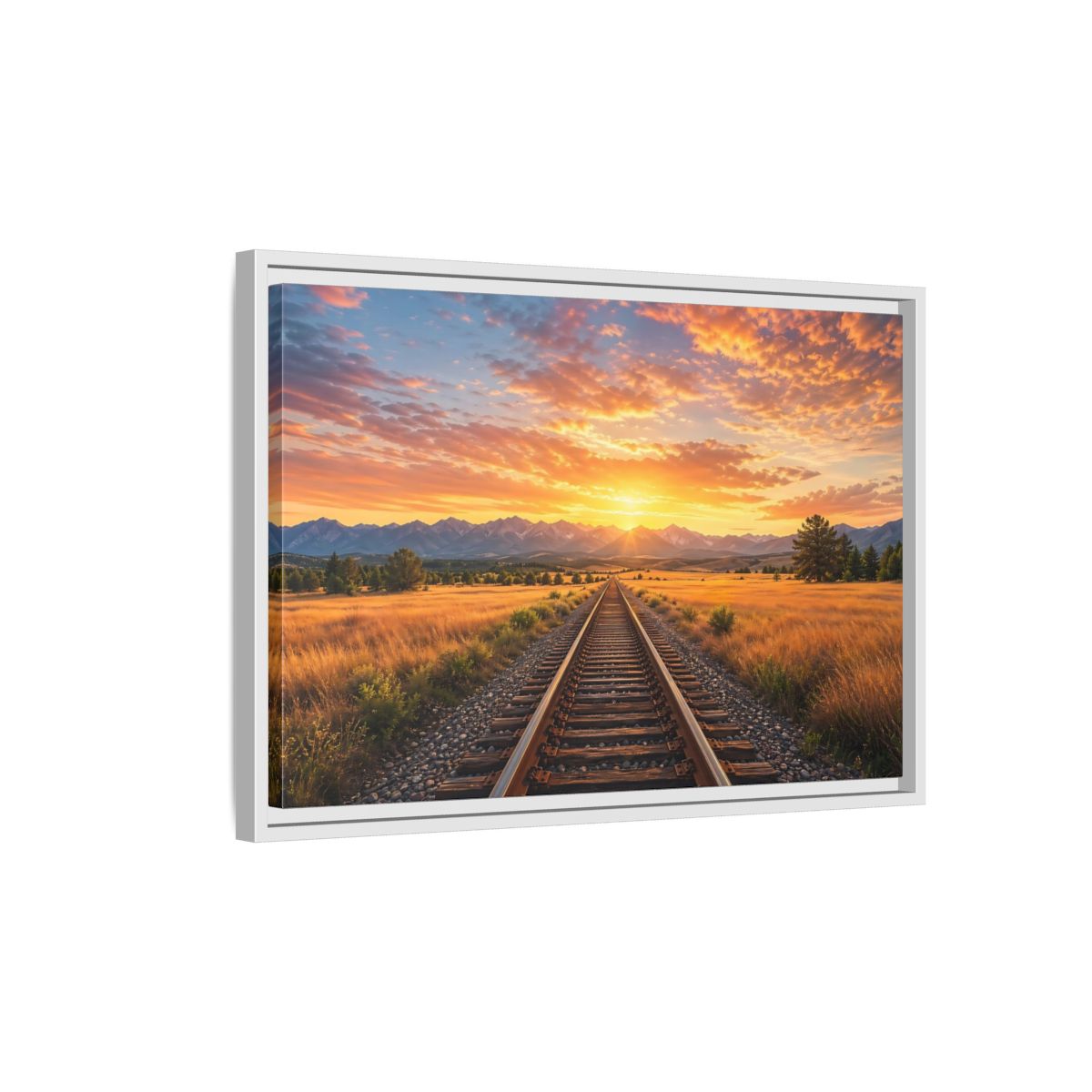 Side Mockup 1. Nature Railroad Tracks Sunset Railroad shown as stretched canvas wall art