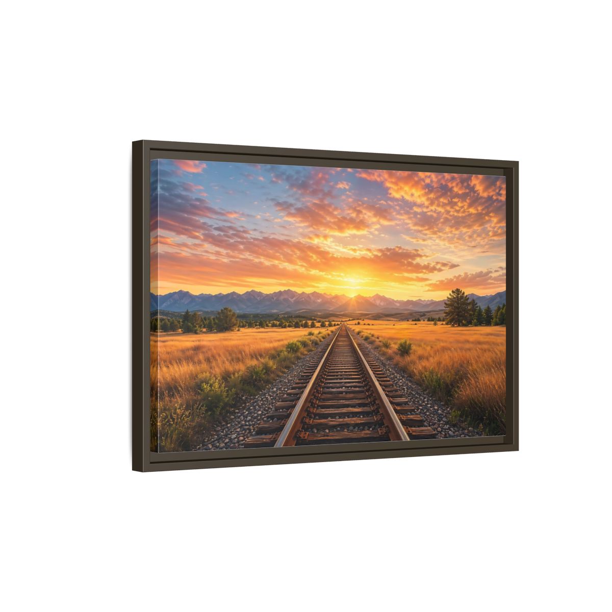 Side Mockup 2. Nature Railroad Tracks Sunset Railroad shown as stretched canvas wall art