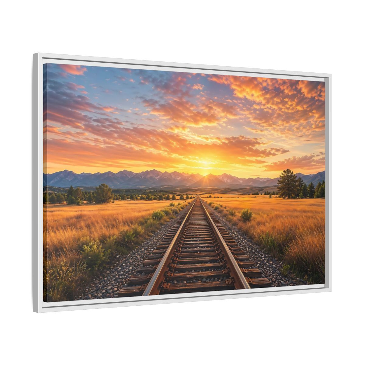 Side Mockup 9. Nature Railroad Tracks Sunset Railroad shown as stretched canvas wall art