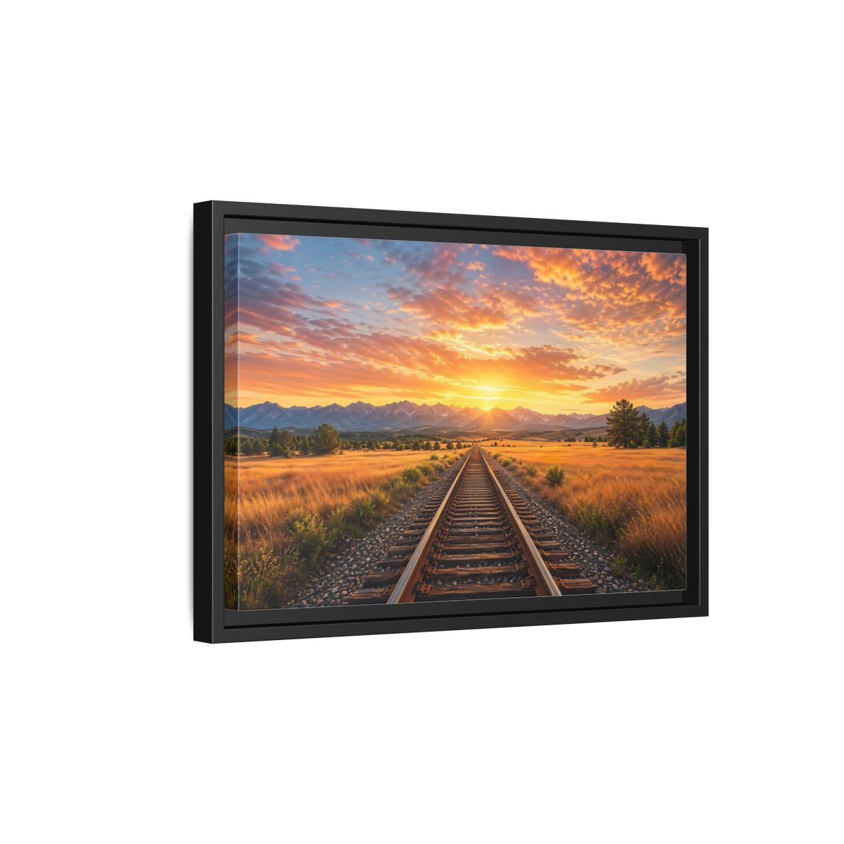 Side Mockup 6. Nature Railroad Tracks Sunset Railroad shown as stretched canvas wall art