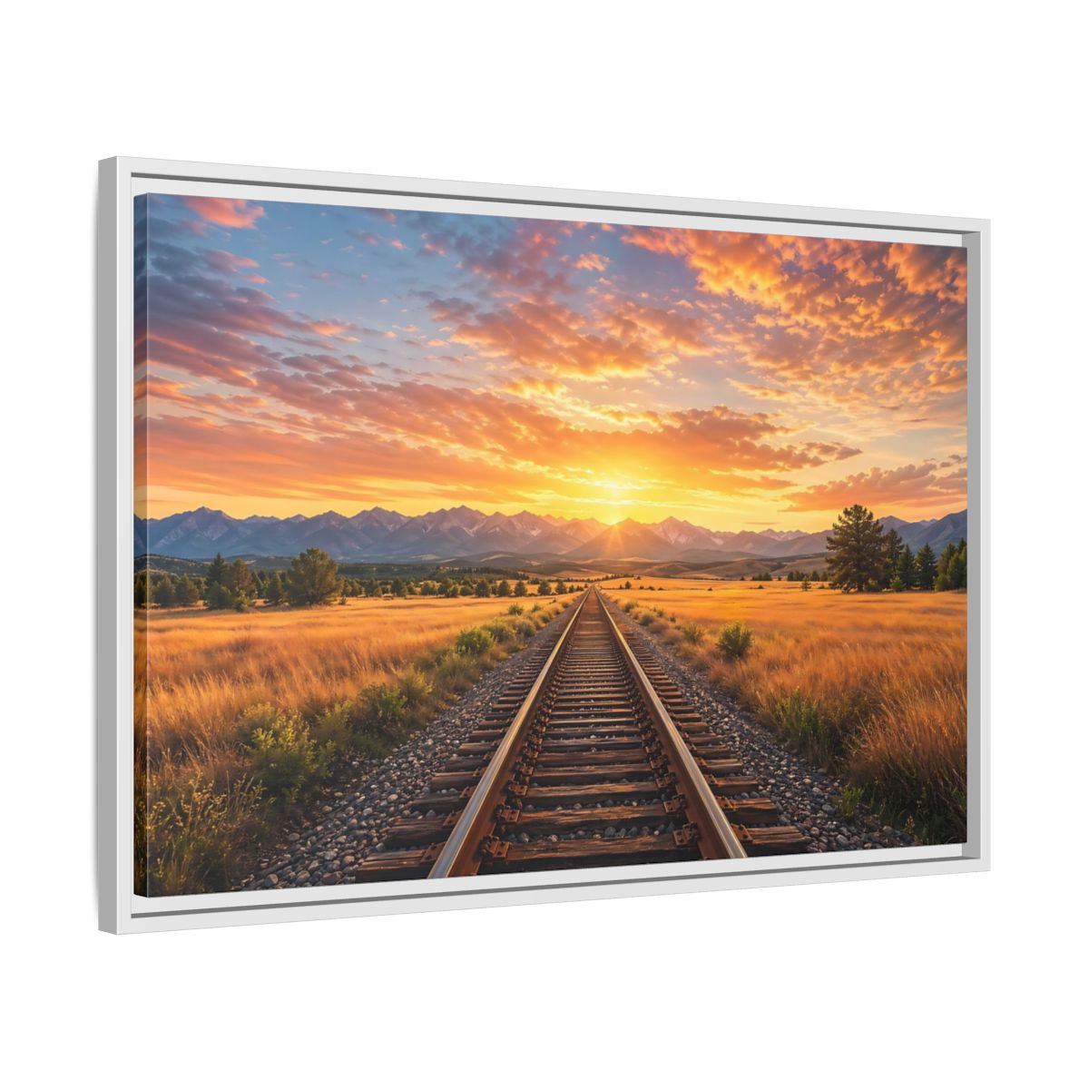 Side Mockup 10. Nature Railroad Tracks Sunset Railroad shown as stretched canvas wall art
