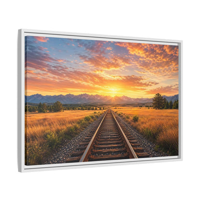 Side Mockup 10. Nature Railroad Tracks Sunset Railroad shown as stretched canvas wall art
