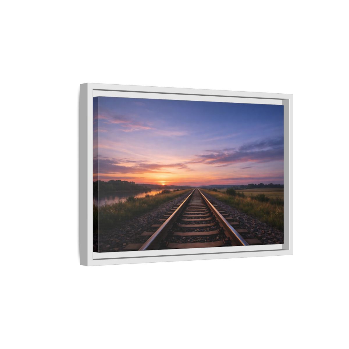 Side Mockup 4. Nature Railroad Tracks Sunset Railroad shown as stretched canvas wall art
