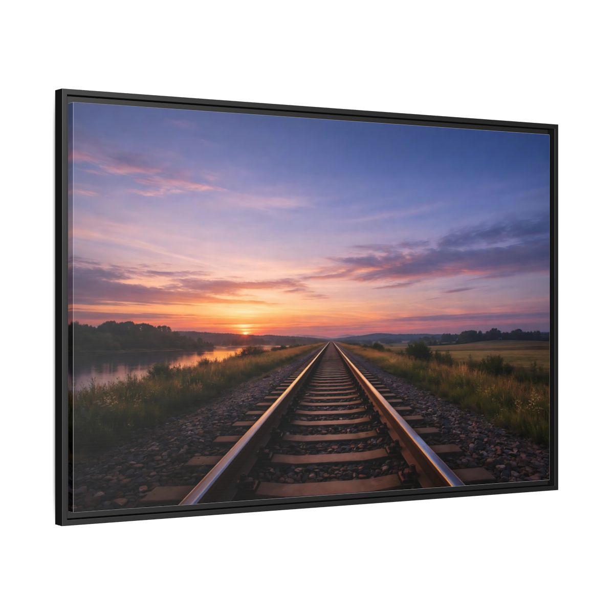 Side Mockup 12. Nature Railroad Tracks Sunset Railroad shown as stretched canvas wall art