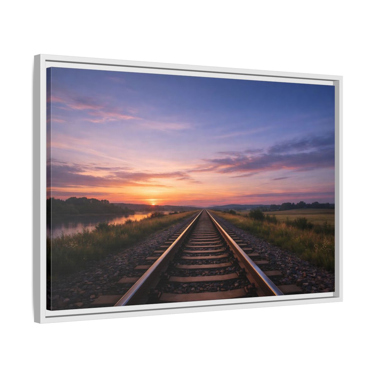 Side Mockup 10. Nature Railroad Tracks Sunset Railroad shown as stretched canvas wall art