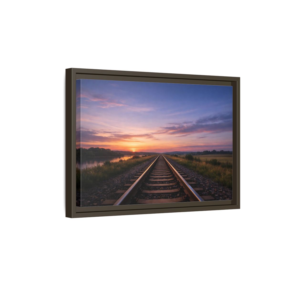 Side Mockup 5. Nature Railroad Tracks Sunset Railroad shown as stretched canvas wall art