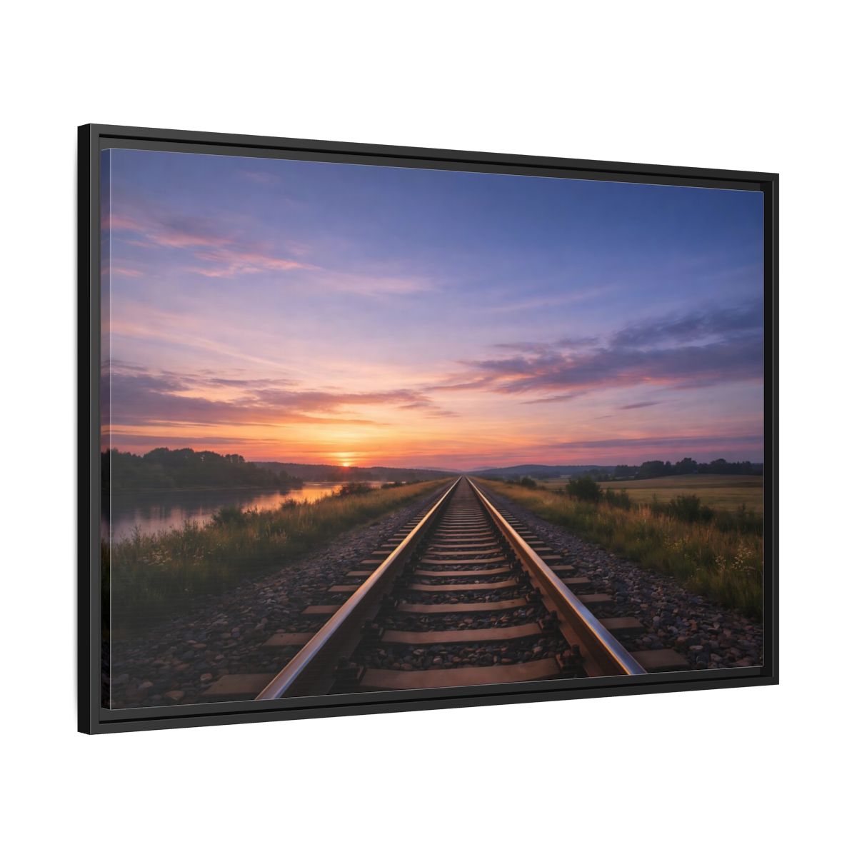 Side Mockup 13. Nature Railroad Tracks Sunset Railroad shown as stretched canvas wall art