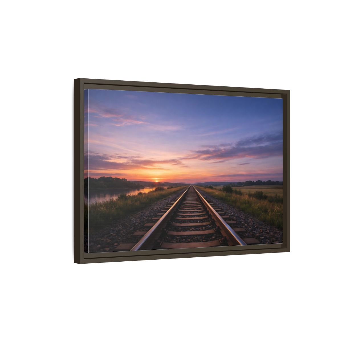 Side Mockup 2. Nature Railroad Tracks Sunset Railroad shown as stretched canvas wall art