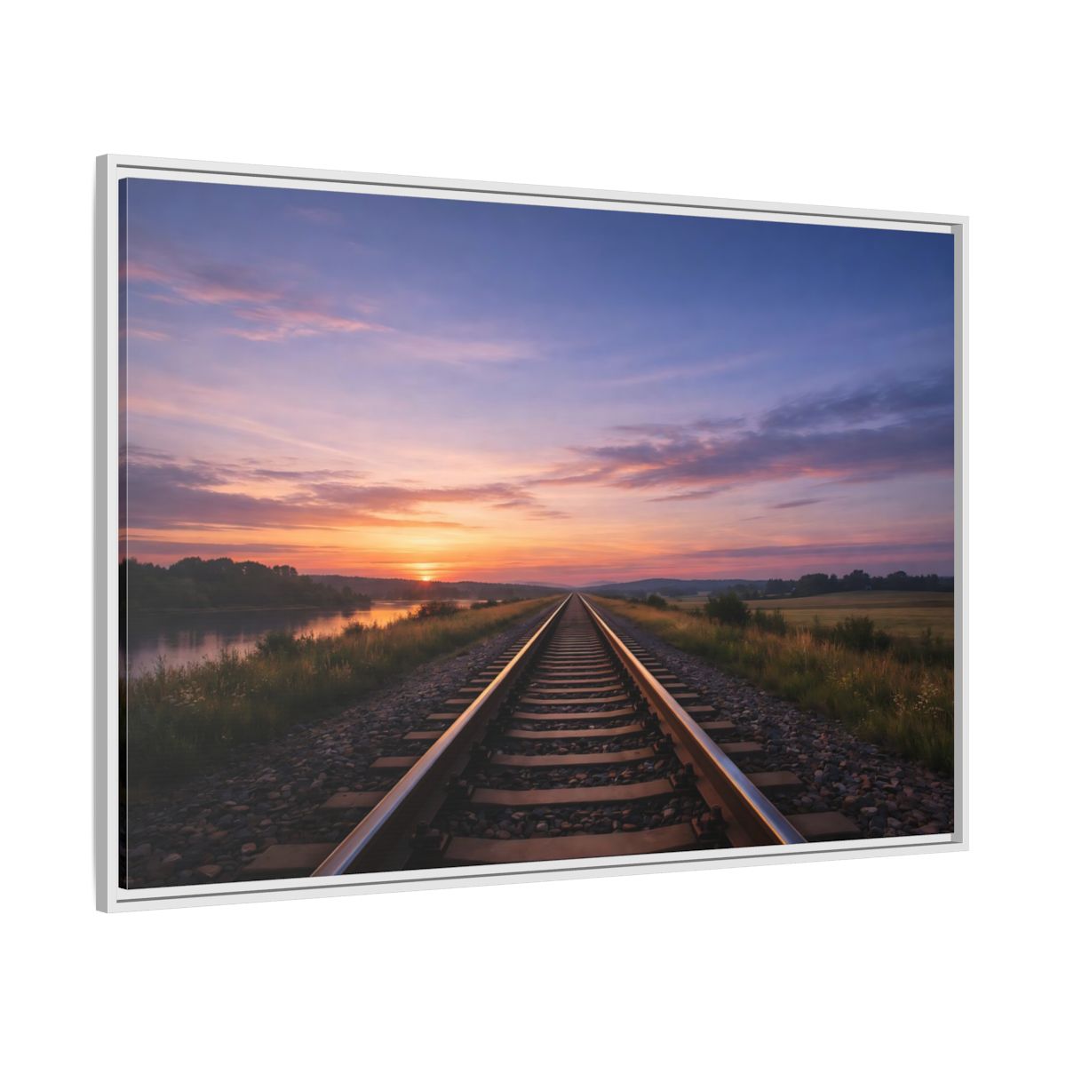 Side Mockup 7. Nature Railroad Tracks Sunset Railroad shown as stretched canvas wall art