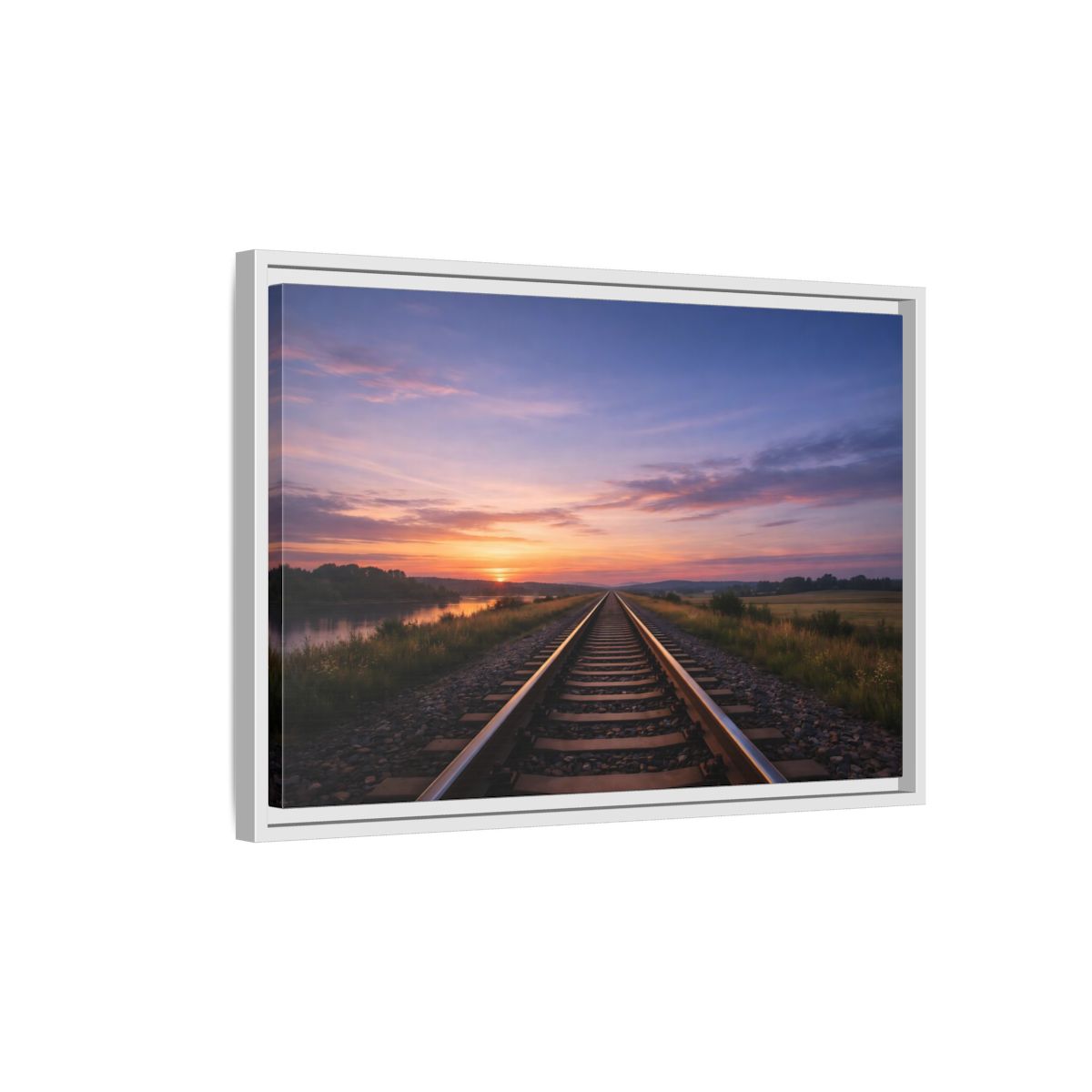 Side Mockup 1. Nature Railroad Tracks Sunset Railroad shown as stretched canvas wall art