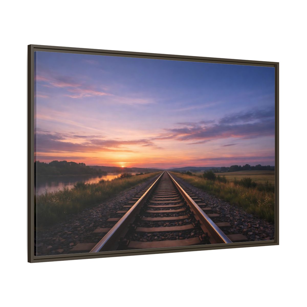 Side Mockup 8. Nature Railroad Tracks Sunset Railroad shown as stretched canvas wall art