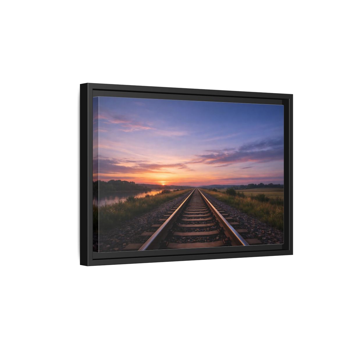 Side Mockup 6. Nature Railroad Tracks Sunset Railroad shown as stretched canvas wall art