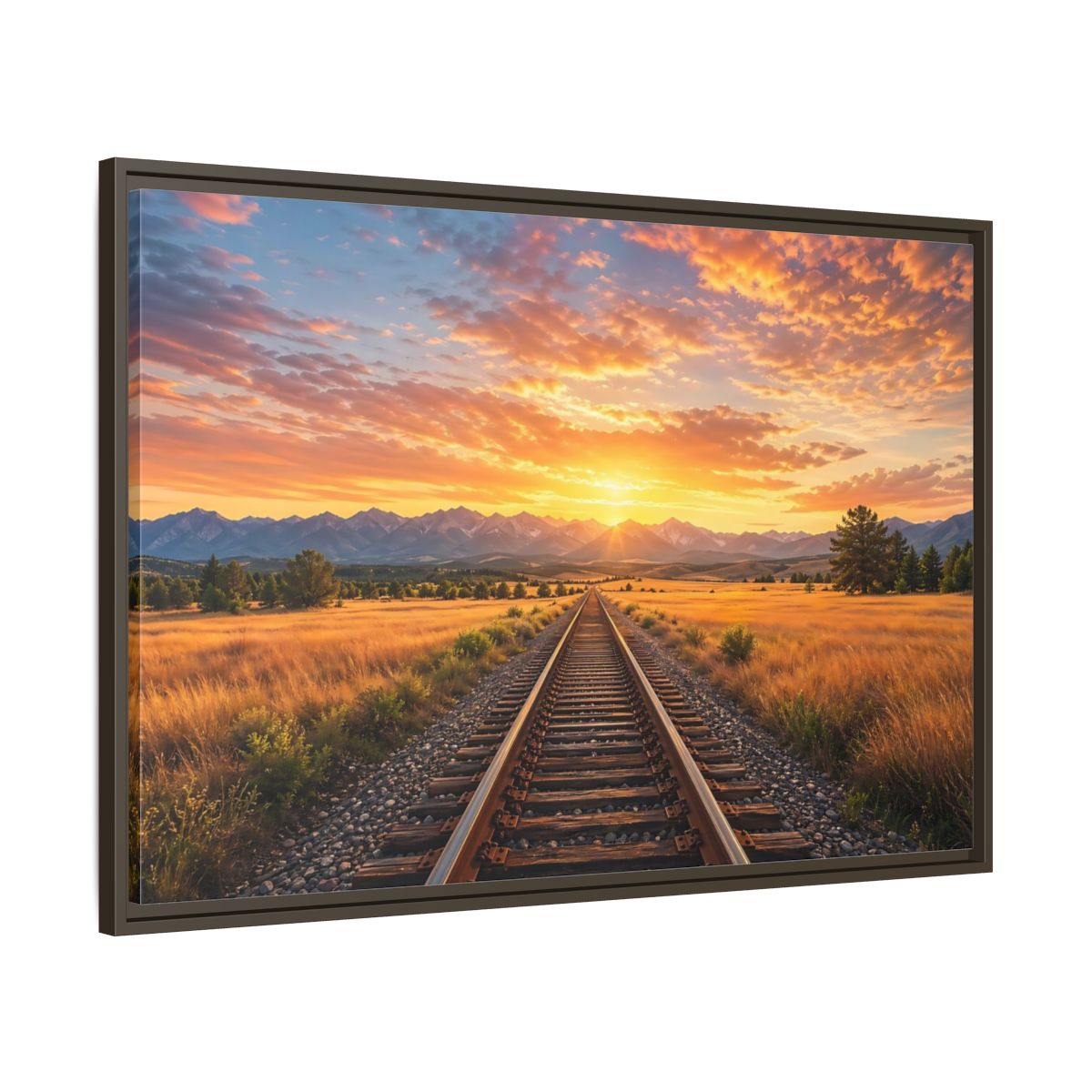 Main Mockup. Nature Railroad Tracks Sunset Railroad shown as stretched canvas wall art