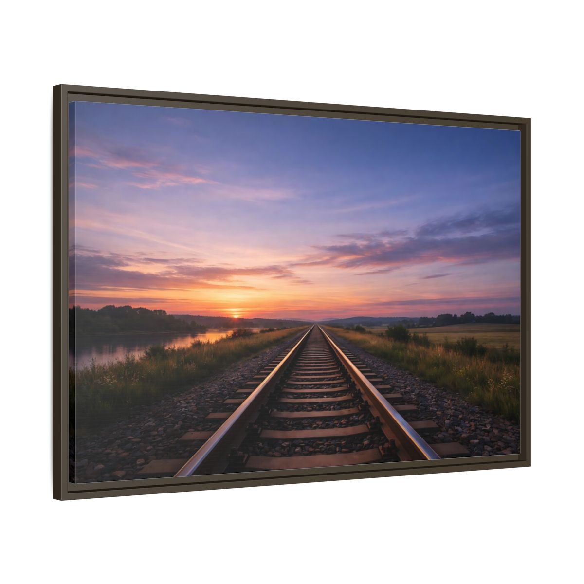 Main Mockup. Nature Railroad Tracks Sunset Railroad shown as stretched canvas wall art
