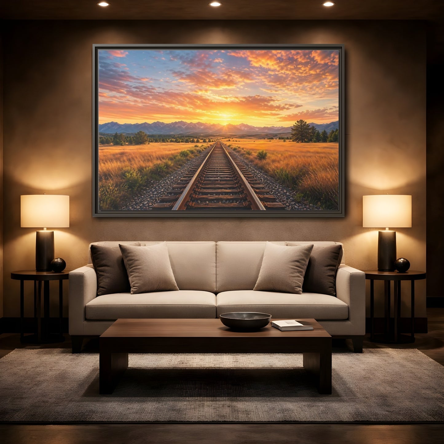 Mockup 2. Nature Railroad Tracks Sunset Railroad shown as stretched canvas wall art