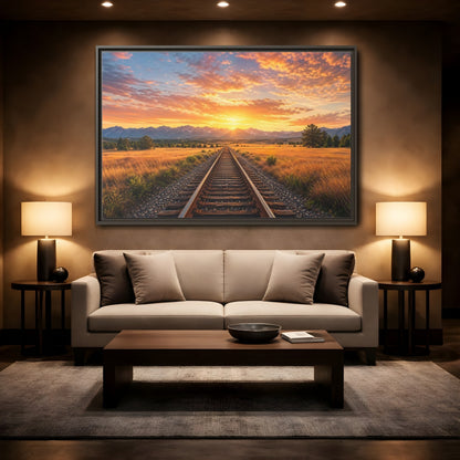 Mockup 2. Nature Railroad Tracks Sunset Railroad shown as stretched canvas wall art