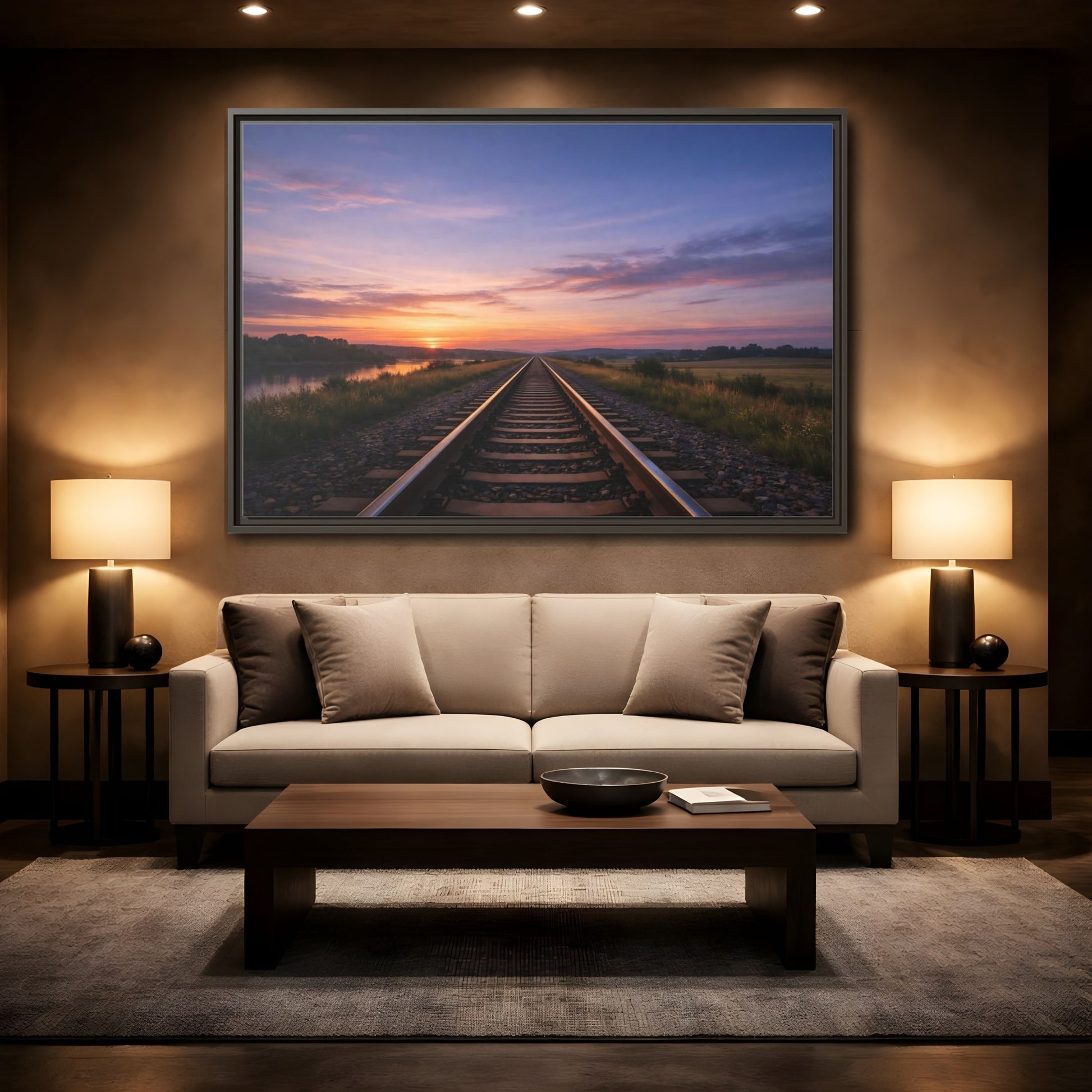 Mockup 2. Nature Railroad Tracks Sunset Railroad shown as stretched canvas wall art