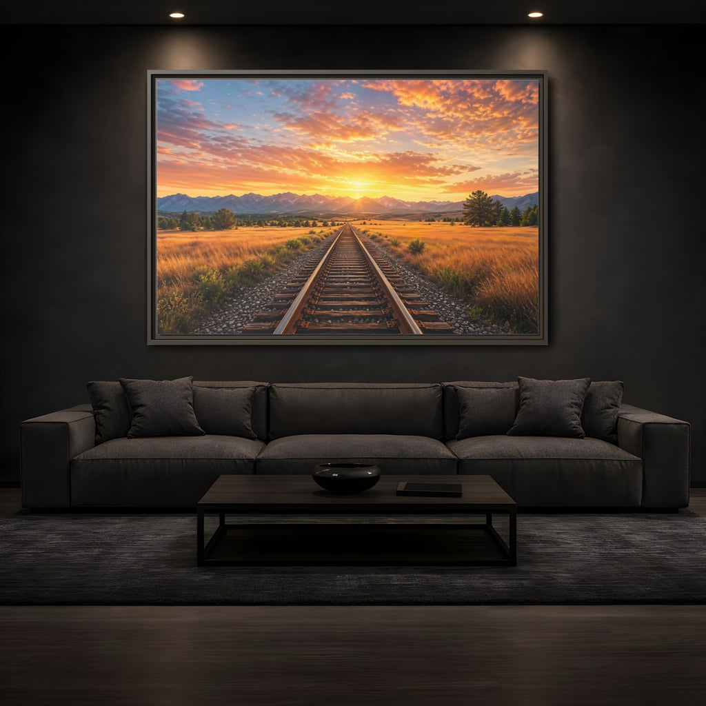 Mockup 3. Nature Railroad Tracks Sunset Railroad shown as stretched canvas wall art