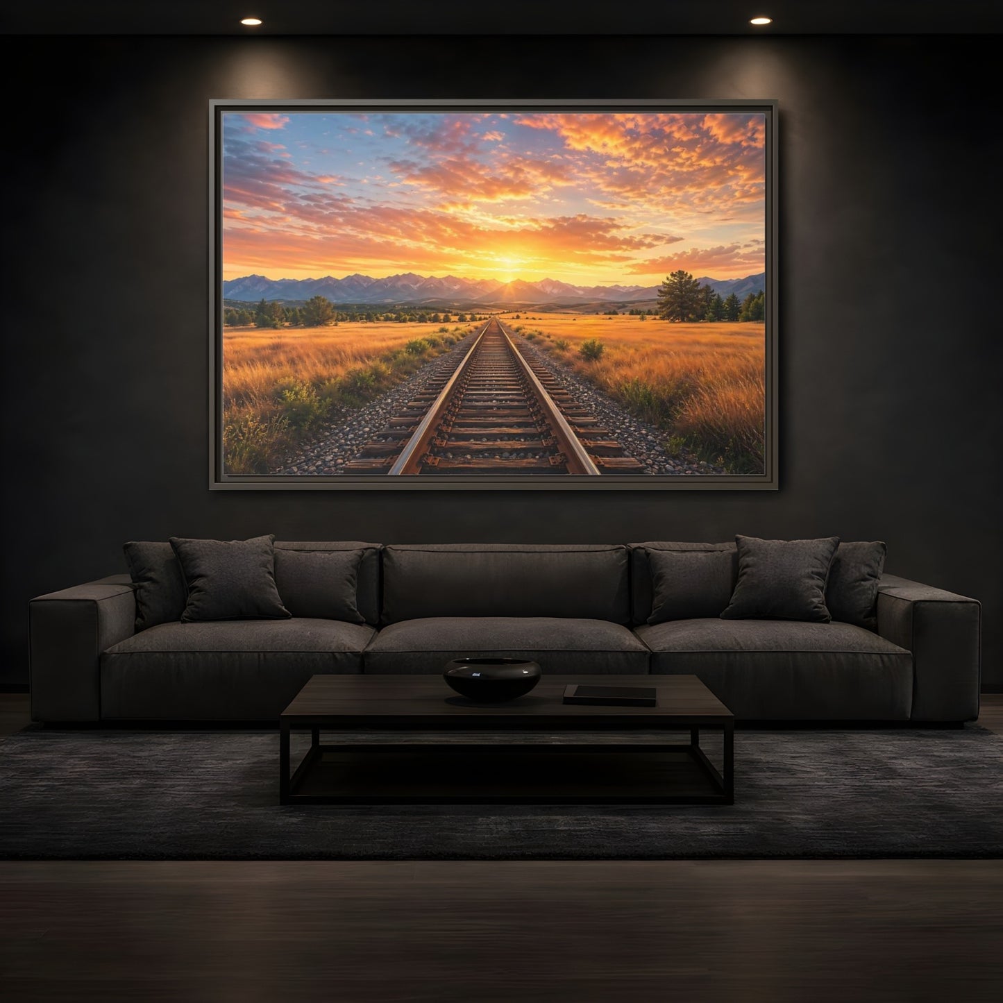 Mockup 3. Nature Railroad Tracks Sunset Railroad shown as stretched canvas wall art