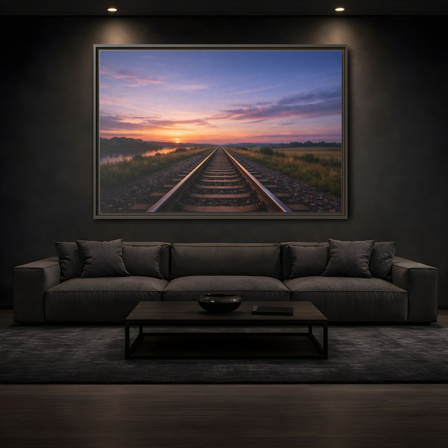 Mockup 3. Nature Railroad Tracks Sunset Railroad shown as stretched canvas wall art