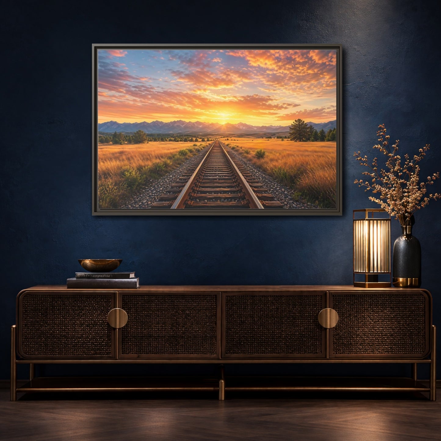 Mockup 4. Nature Railroad Tracks Sunset Railroad shown as stretched canvas wall art