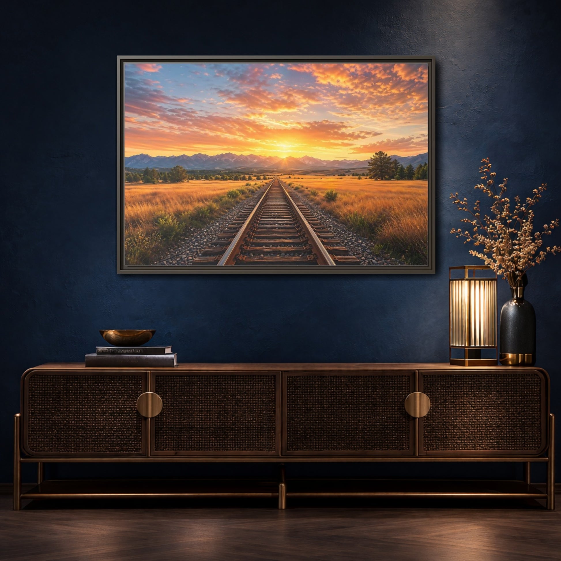 Mockup 4. Nature Railroad Tracks Sunset Railroad shown as stretched canvas wall art