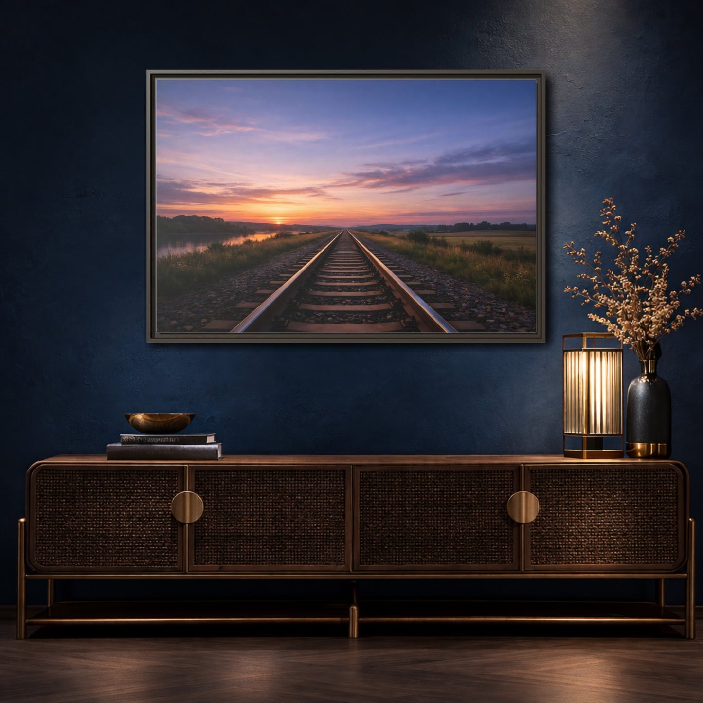 Mockup 4. Nature Railroad Tracks Sunset Railroad shown as stretched canvas wall art