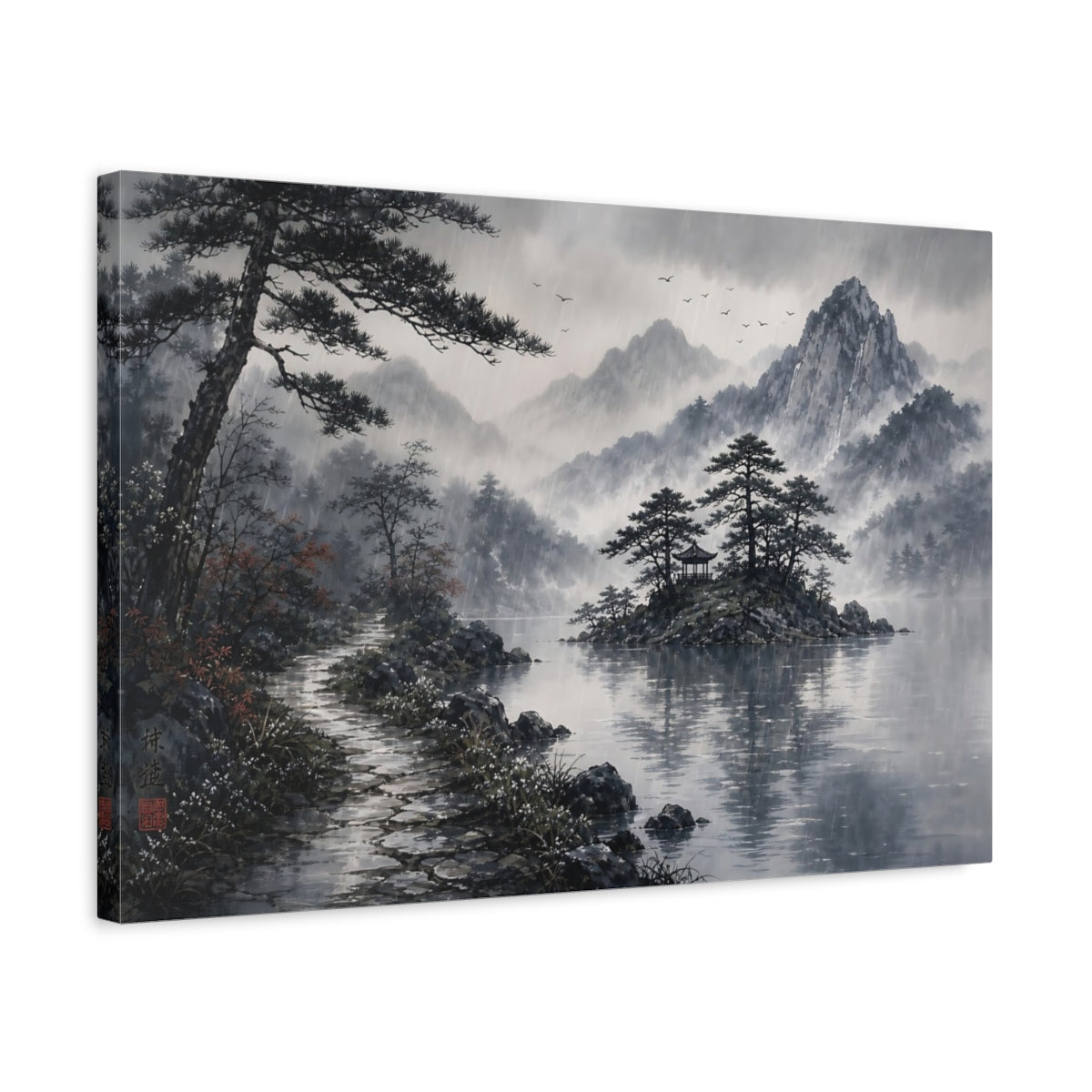 Side Mockup 3. Nature Rainy Lake Landscape Monochrome Rainy shown as stretched canvas wall art