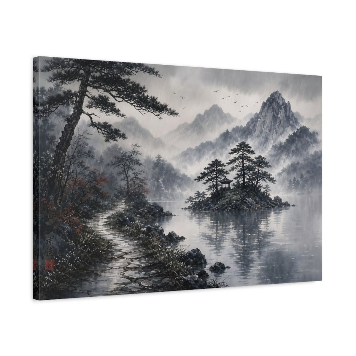 Side Mockup 2. Nature Rainy Lake Landscape Monochrome Rainy shown as stretched canvas wall art
