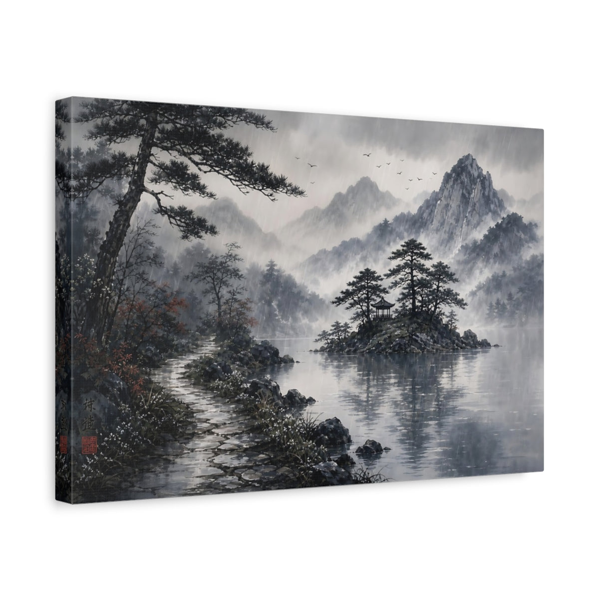 Side Mockup 4. Nature Rainy Lake Landscape Monochrome Rainy shown as stretched canvas wall art