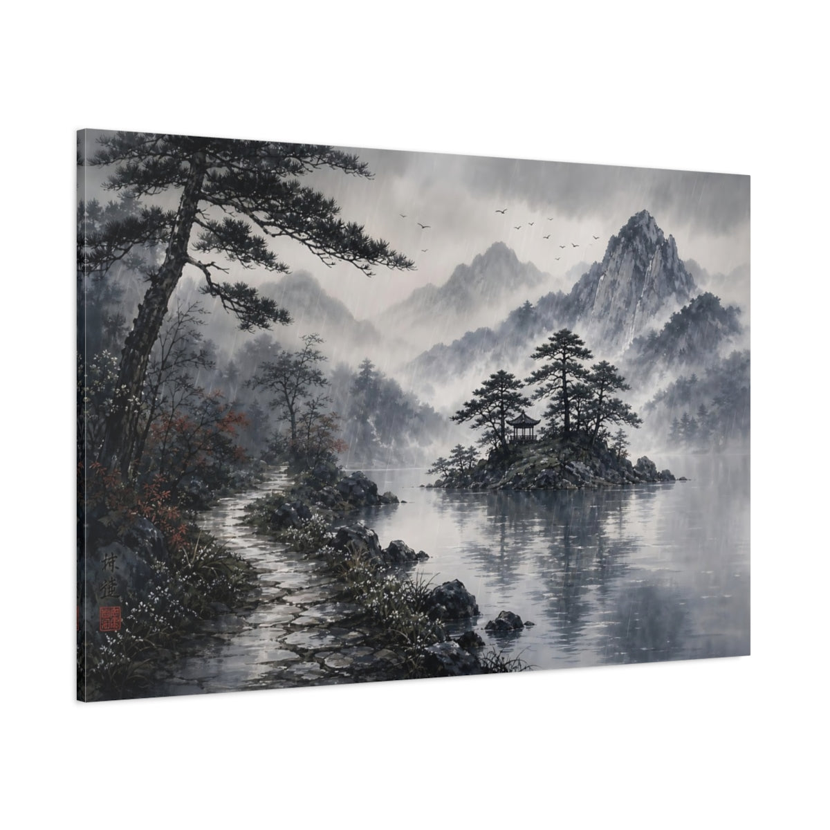 Side Mockup 1. Nature Rainy Lake Landscape Monochrome Rainy shown as stretched canvas wall art