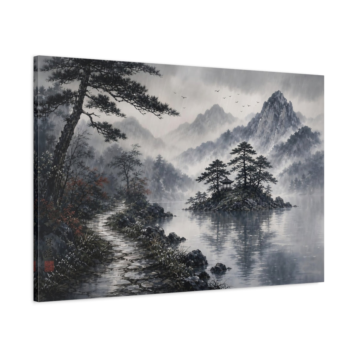 Main Mockup. Nature Rainy Lake Landscape Monochrome Rainy shown as stretched canvas wall art