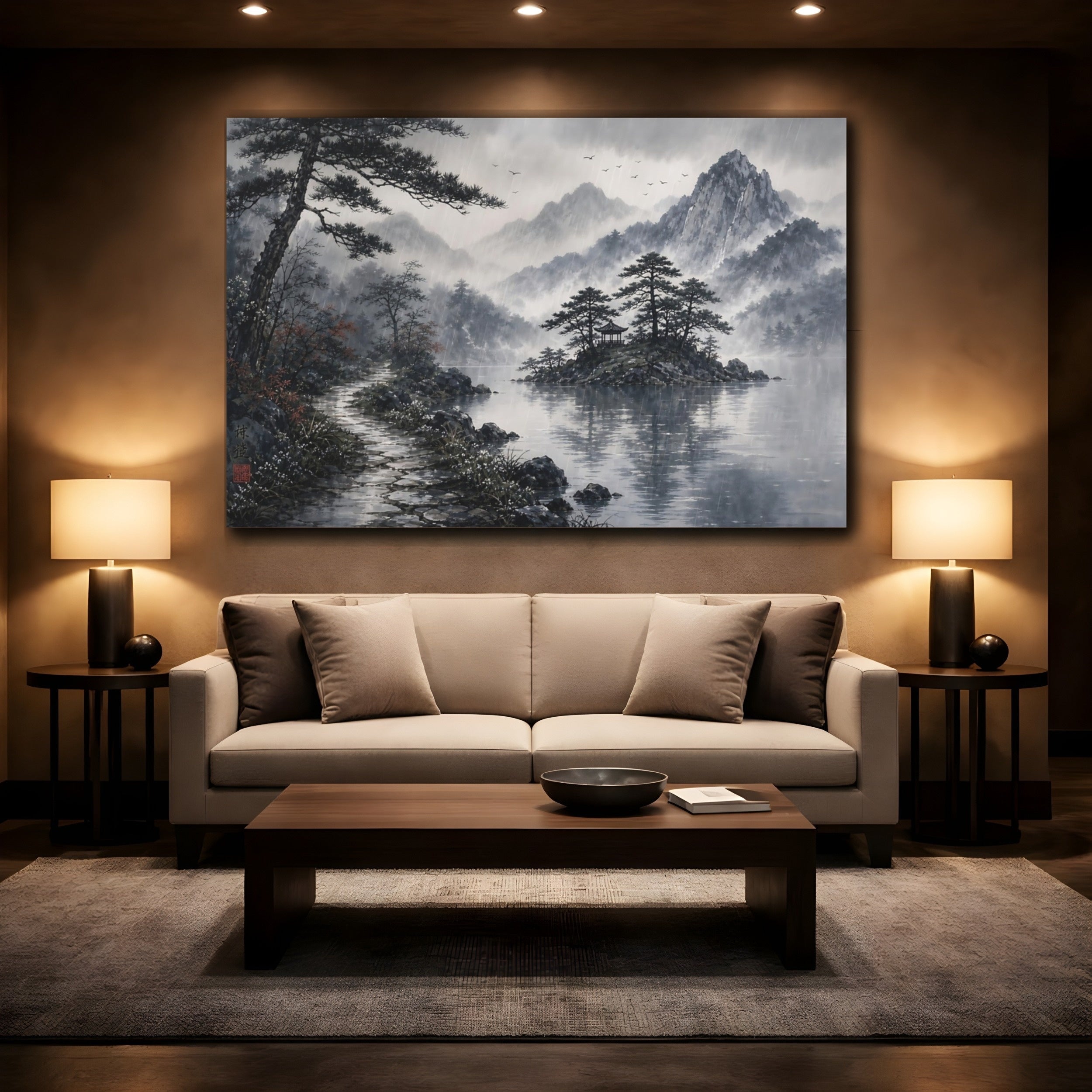 Mockup 2. Nature Rainy Lake Landscape Monochrome Rainy shown as stretched canvas wall art