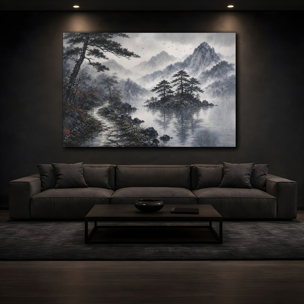 Mockup 3. Nature Rainy Lake Landscape Monochrome Rainy shown as stretched canvas wall art