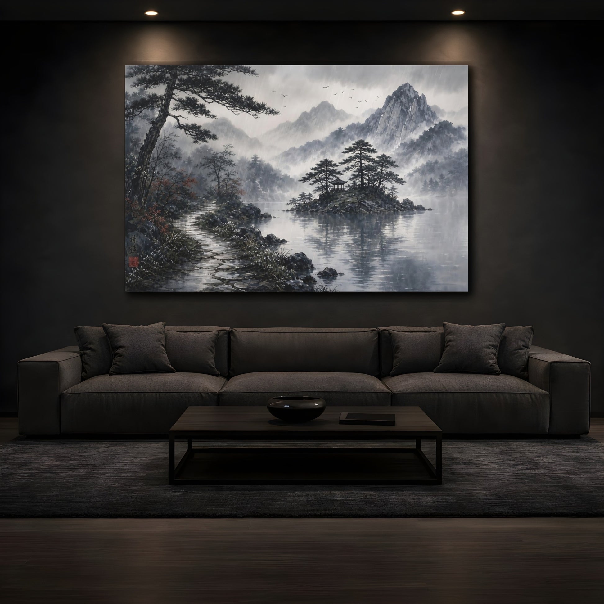 Mockup 3. Nature Rainy Lake Landscape Monochrome Rainy shown as stretched canvas wall art