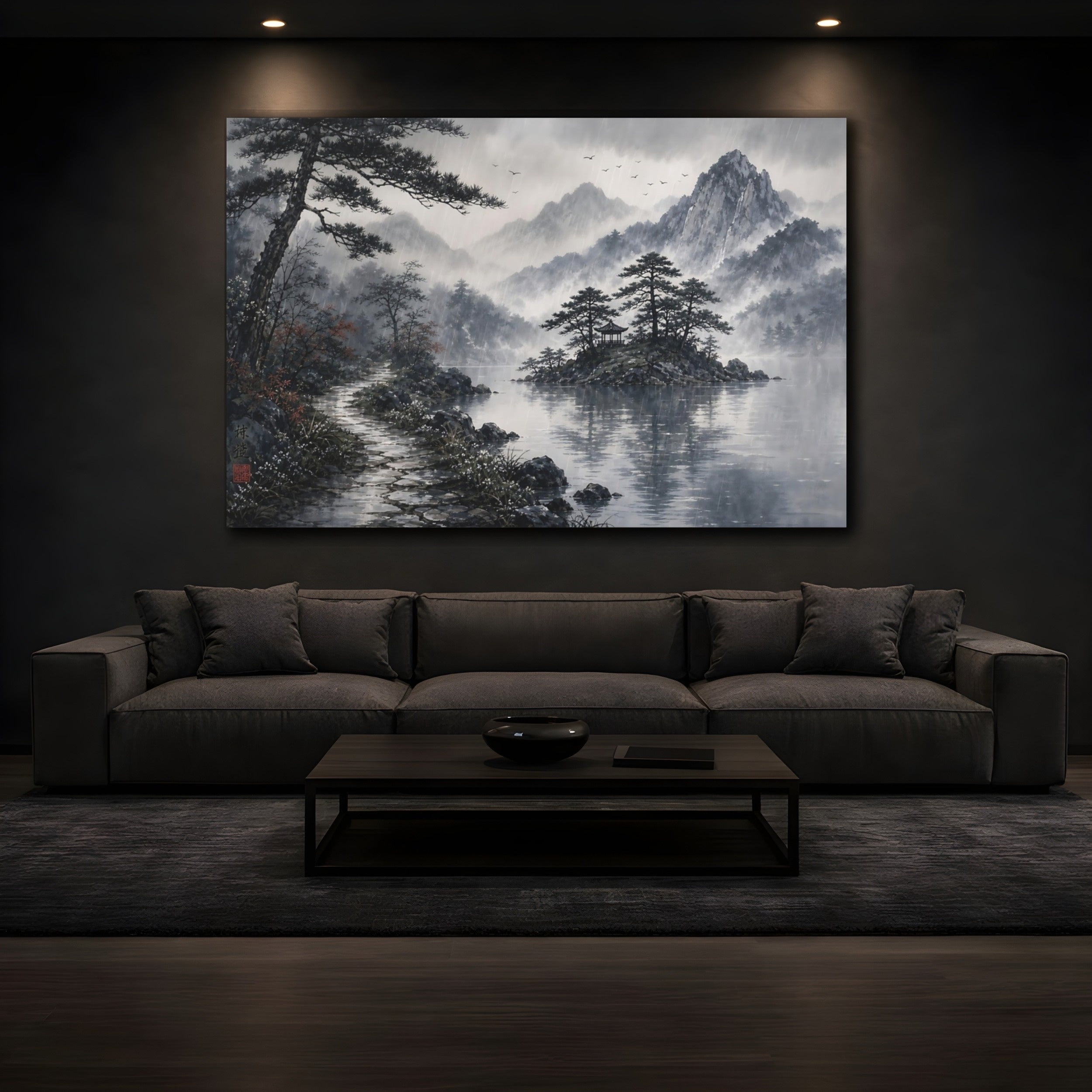 Mockup 3. Nature Rainy Lake Landscape Monochrome Rainy shown as stretched canvas wall art