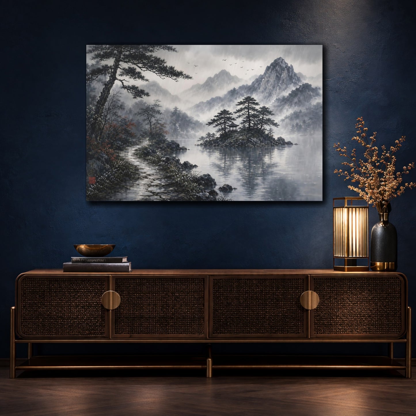 Mockup 4. Nature Rainy Lake Landscape Monochrome Rainy shown as stretched canvas wall art