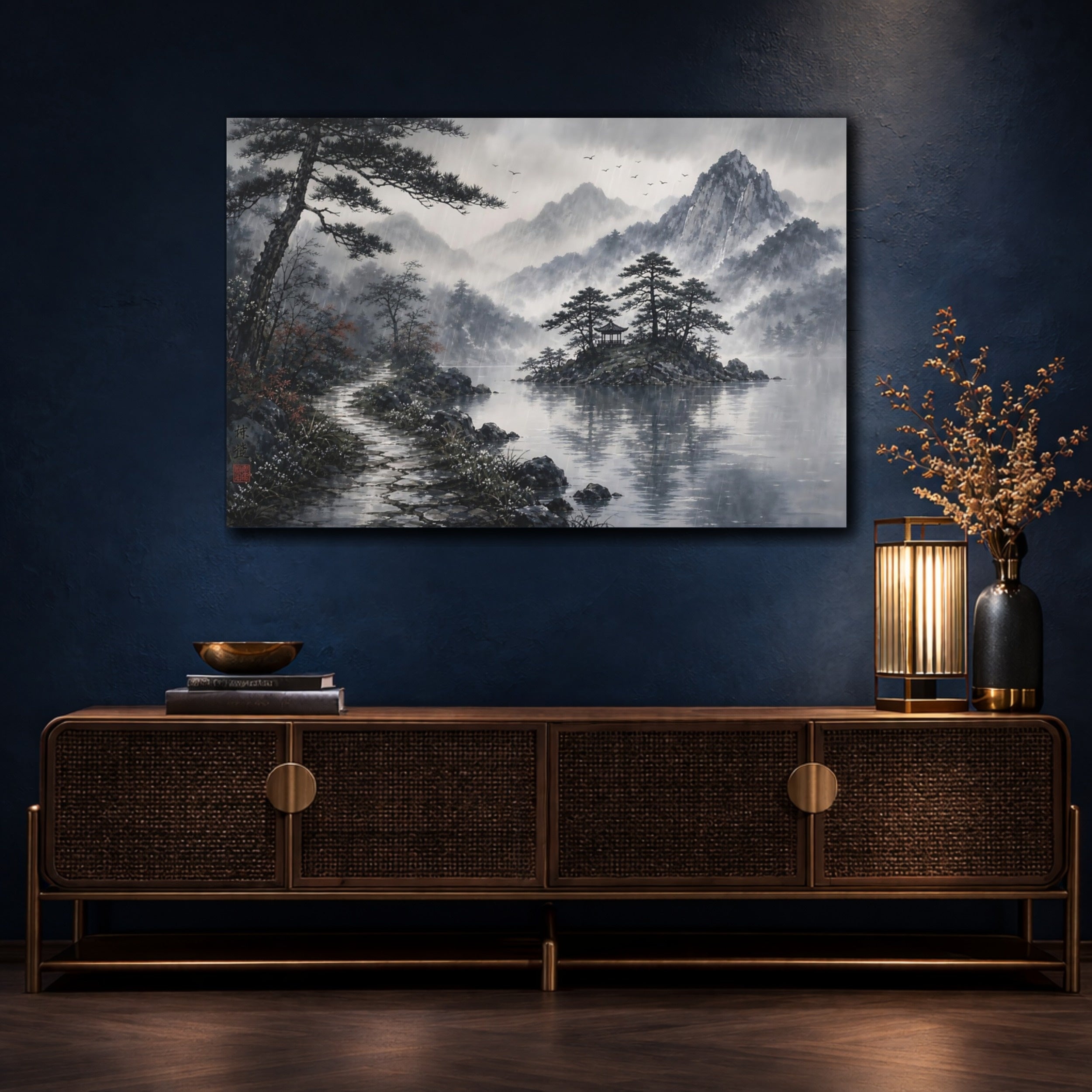 Mockup 4. Nature Rainy Lake Landscape Monochrome Rainy shown as stretched canvas wall art