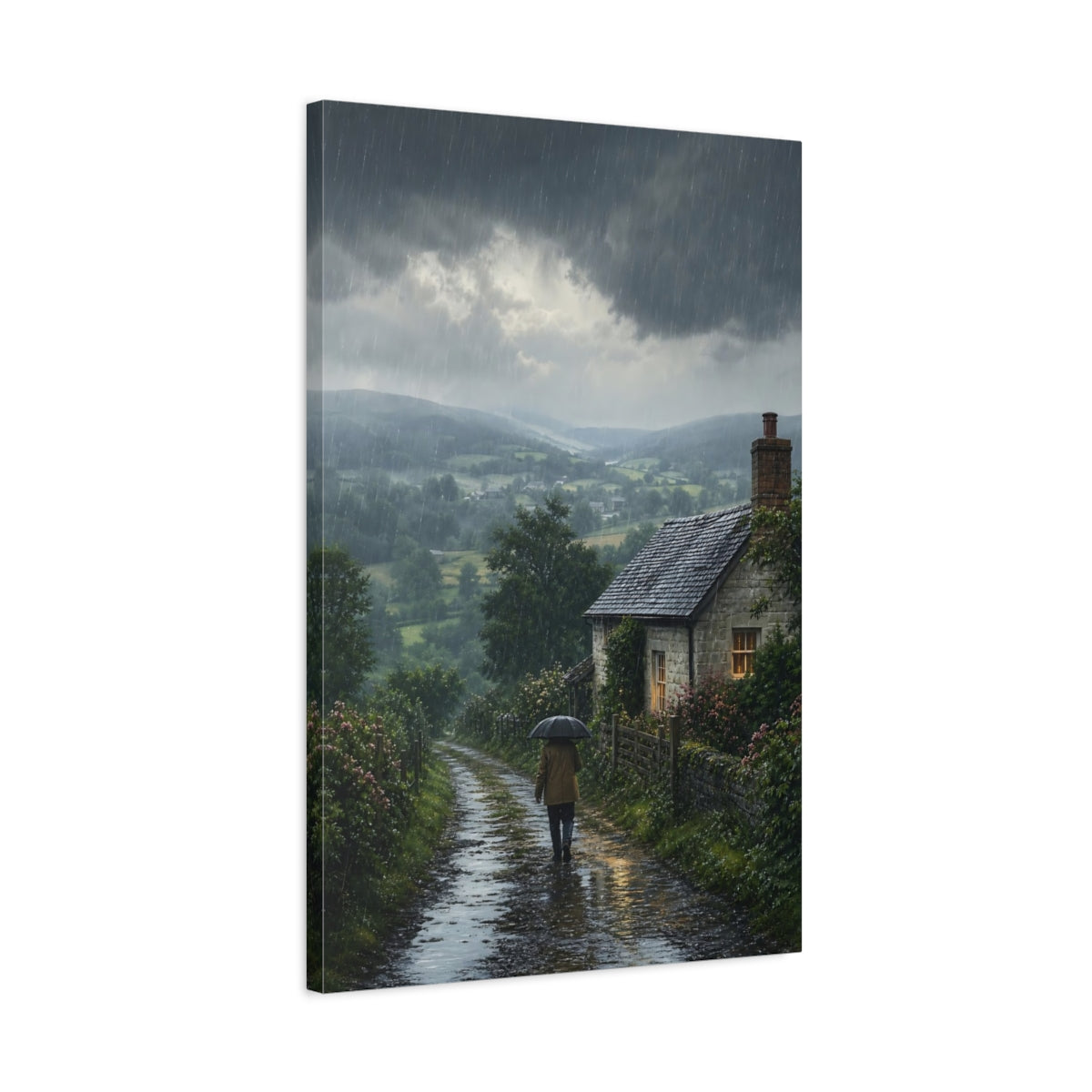 Side Mockup 2. Nature Rainy Landscape Rainy Landscape shown as stretched canvas wall art