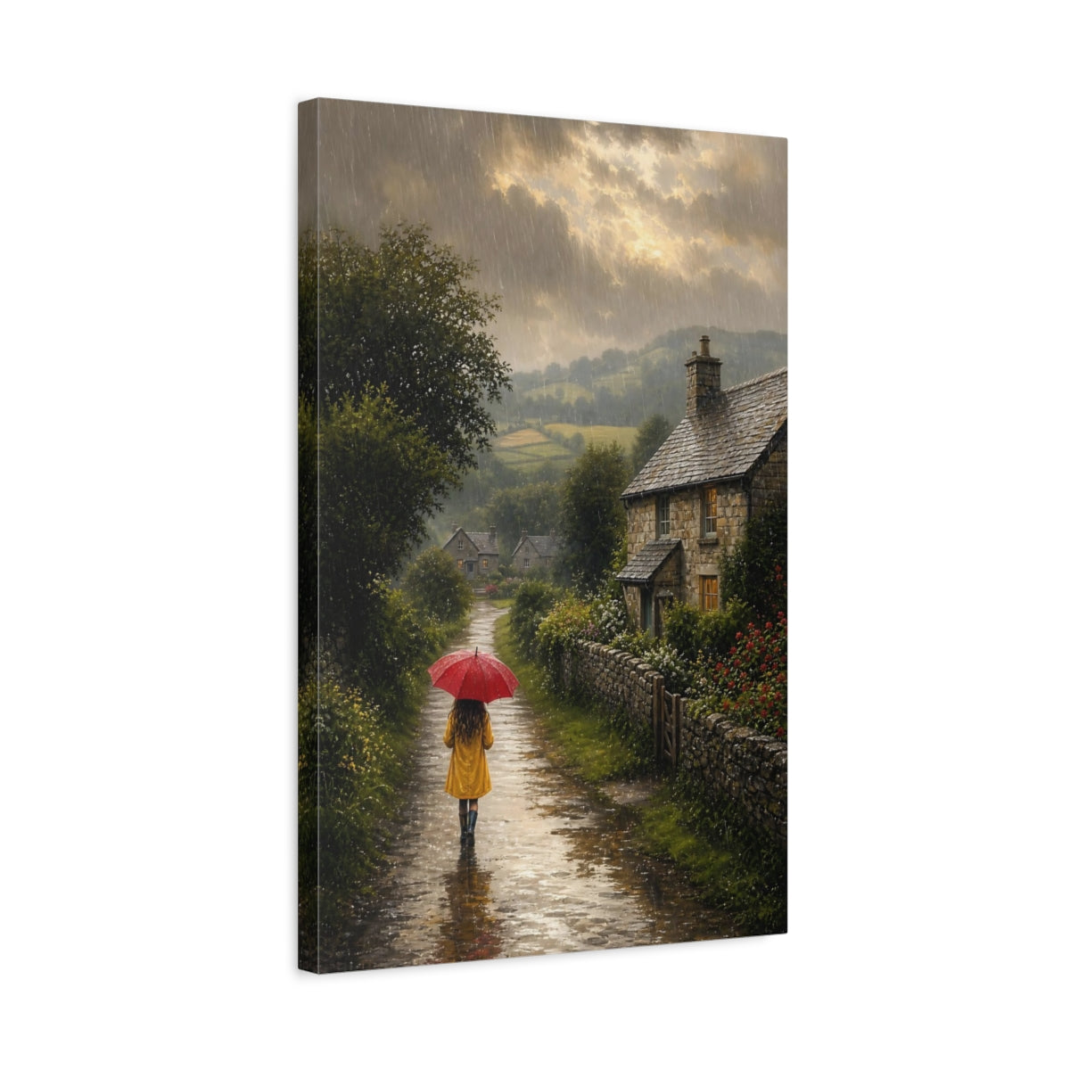 Side Mockup 3. Nature Rainy Lane Rainy Country Lane shown as stretched canvas wall art