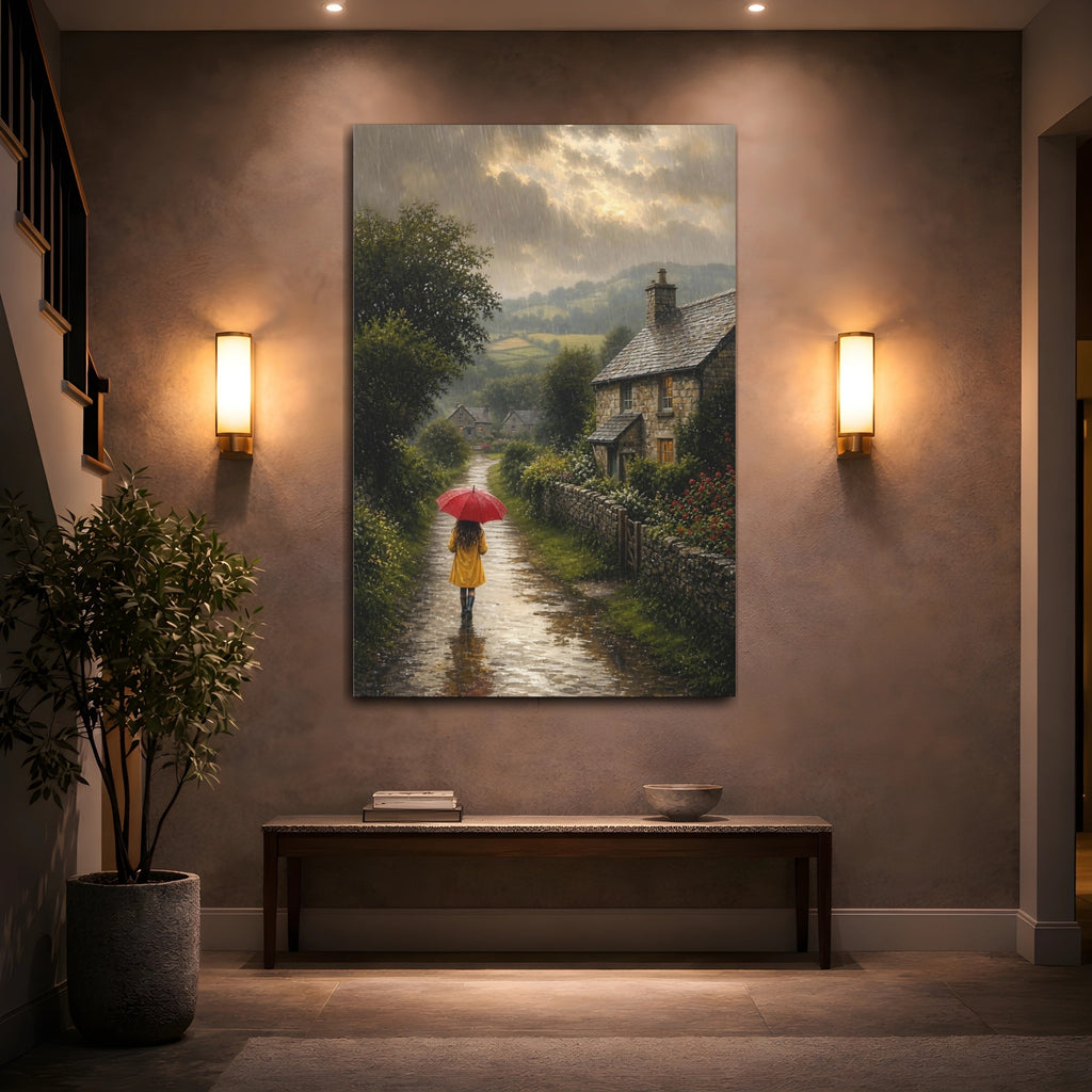 Mockup 2. Nature Rainy Lane Rainy Country Lane shown as stretched canvas wall art