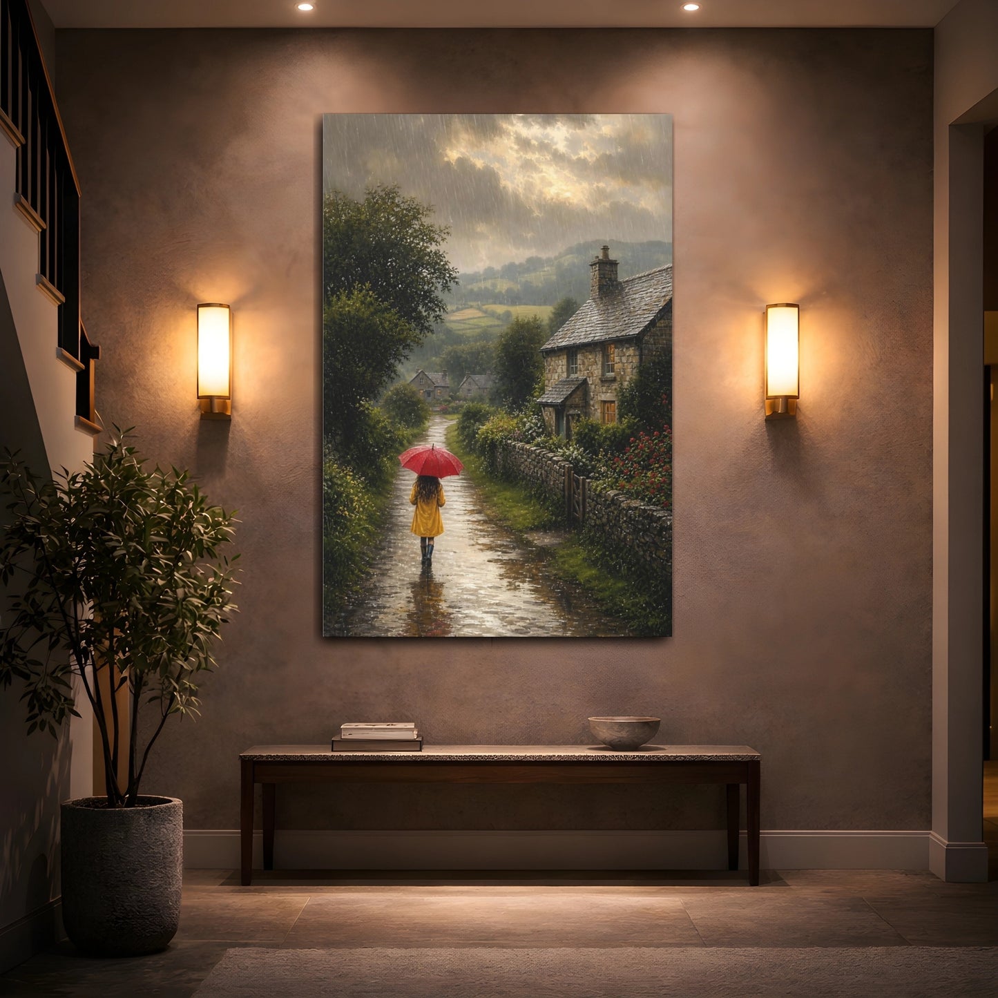 Mockup 2. Nature Rainy Lane Rainy Country Lane shown as stretched canvas wall art