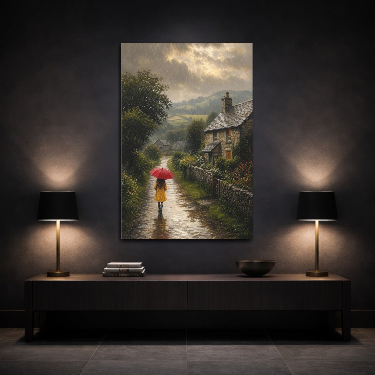 Mockup 3. Nature Rainy Lane Rainy Country Lane shown as stretched canvas wall art
