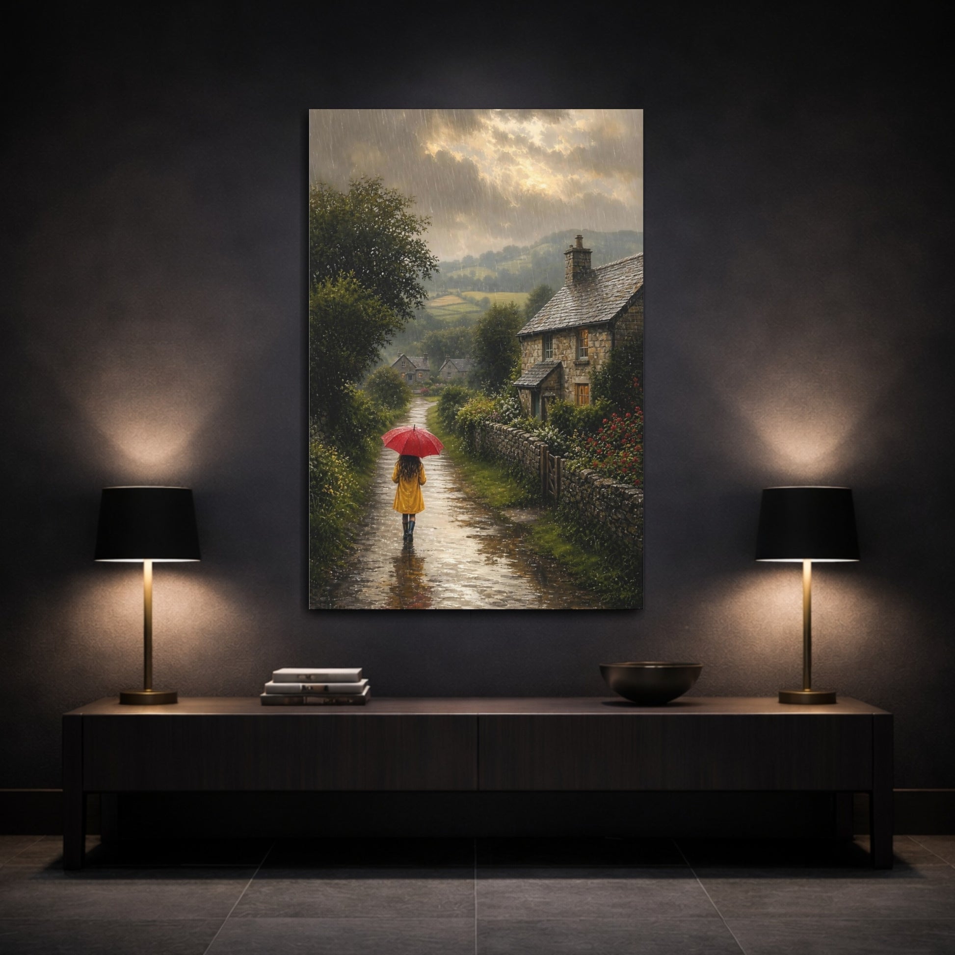 Mockup 3. Nature Rainy Lane Rainy Country Lane shown as stretched canvas wall art