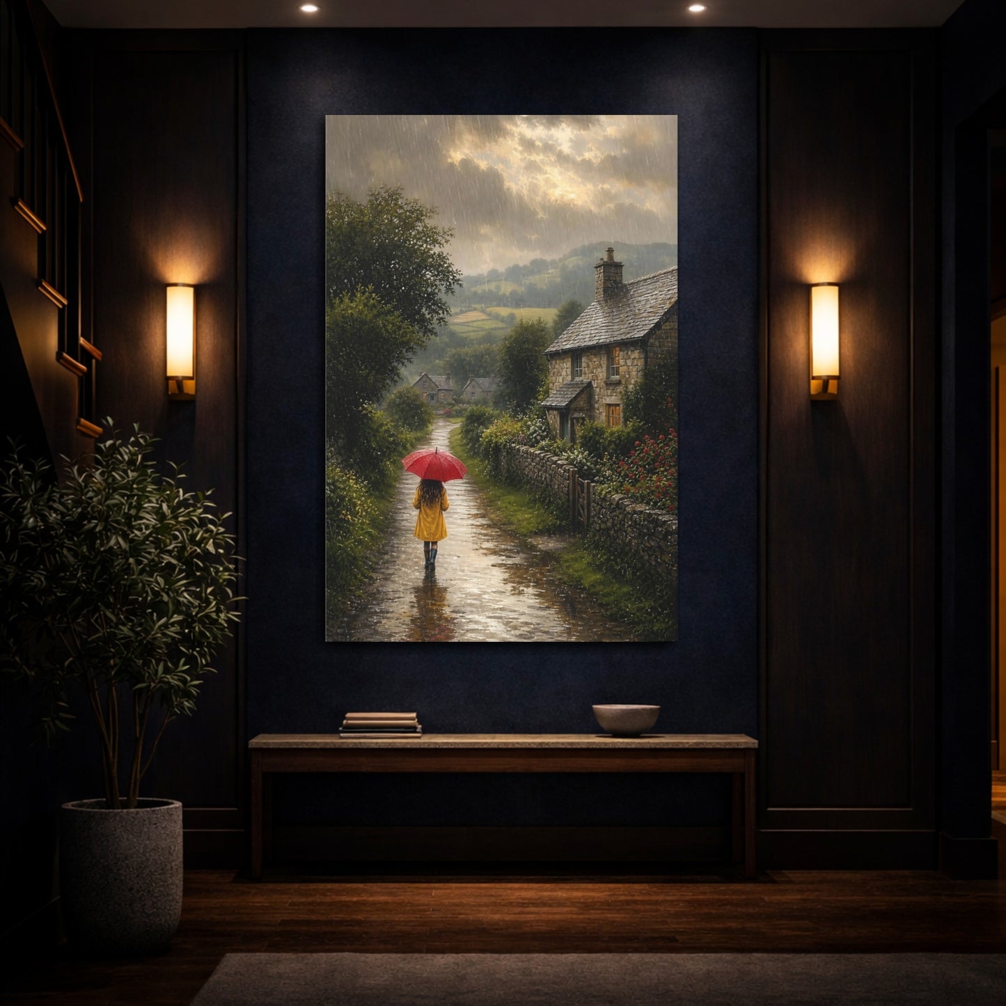 Mockup 4. Nature Rainy Lane Rainy Country Lane shown as stretched canvas wall art
