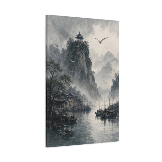 Main Mockup. Nature Rainy Village Misty Asian Landscape shown as stretched canvas wall art