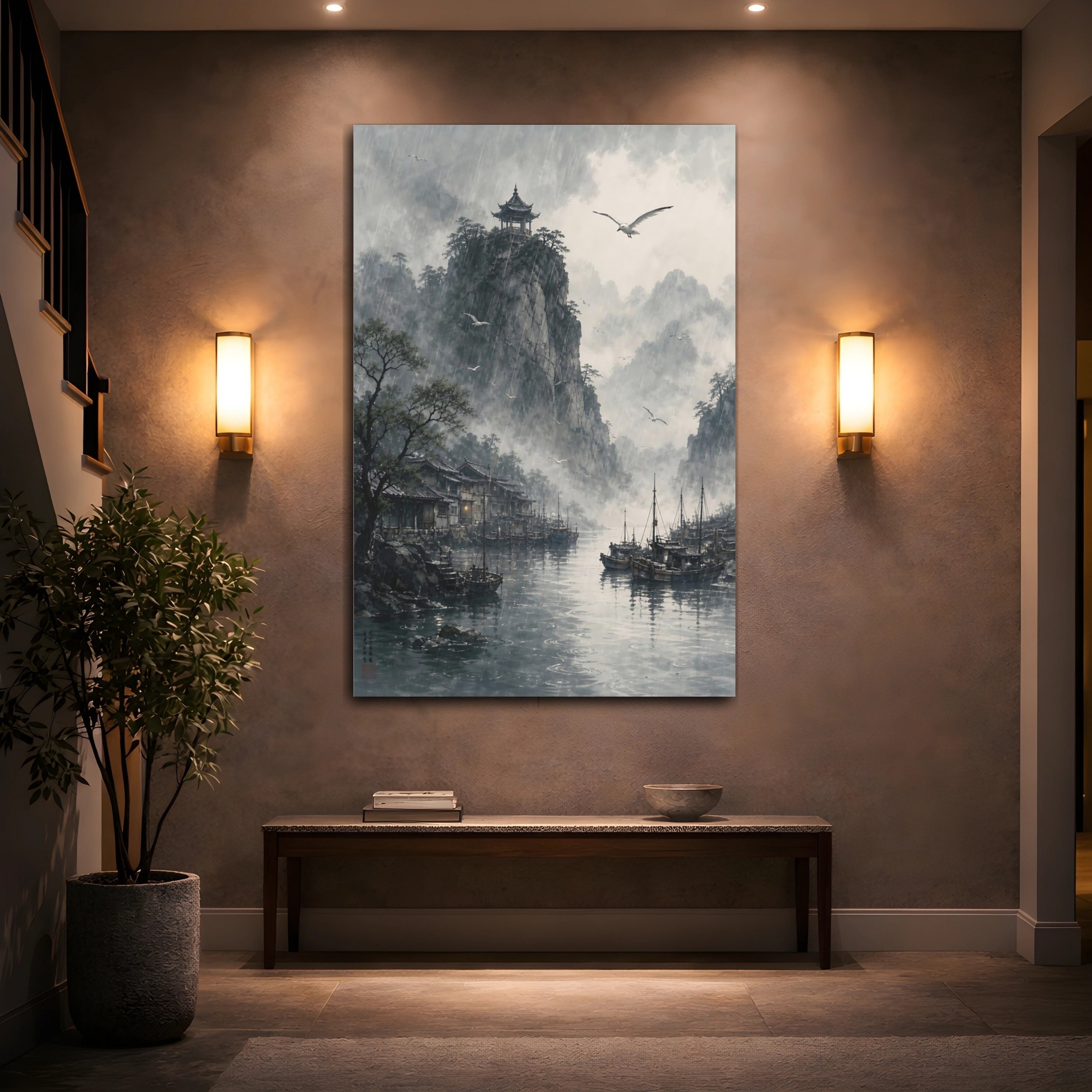 Mockup 2. Nature Rainy Village Misty Asian Landscape shown as stretched canvas wall art