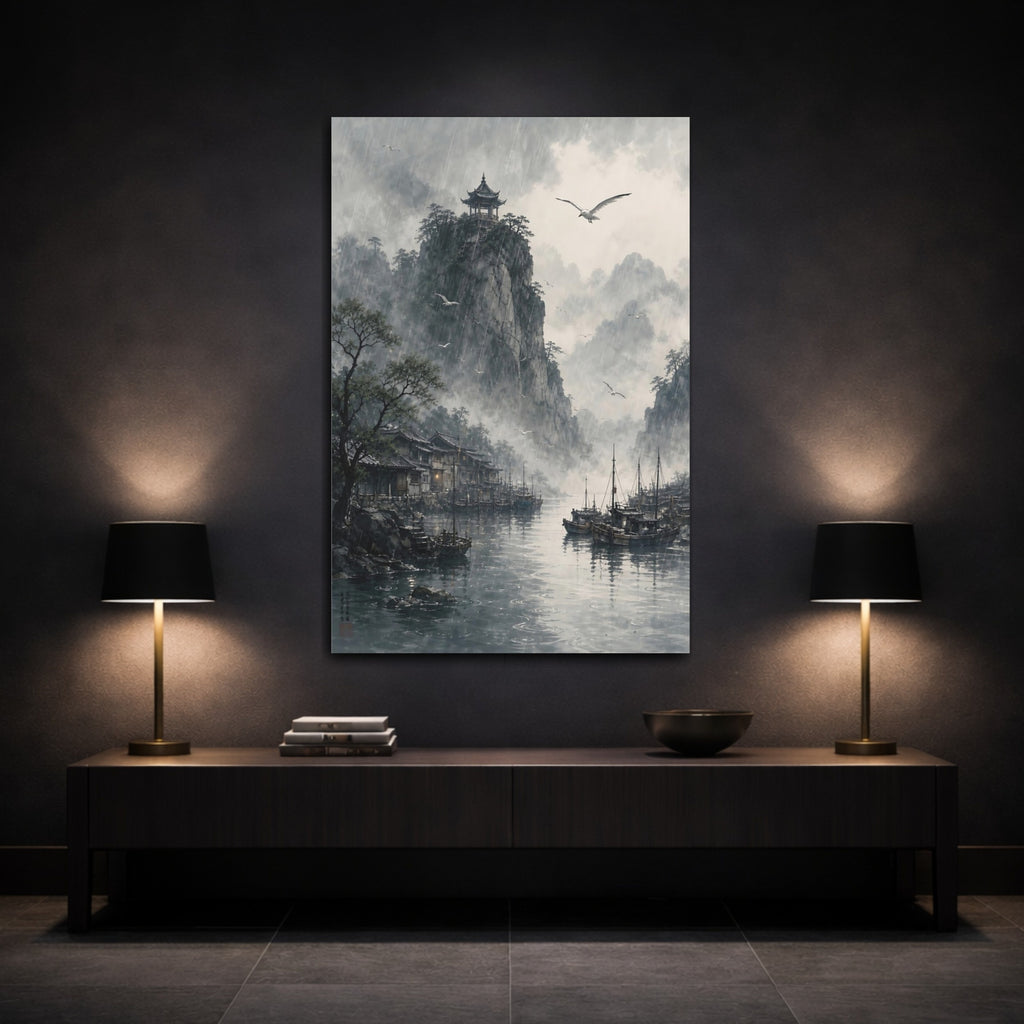 Mockup 3. Nature Rainy Village Misty Asian Landscape shown as stretched canvas wall art